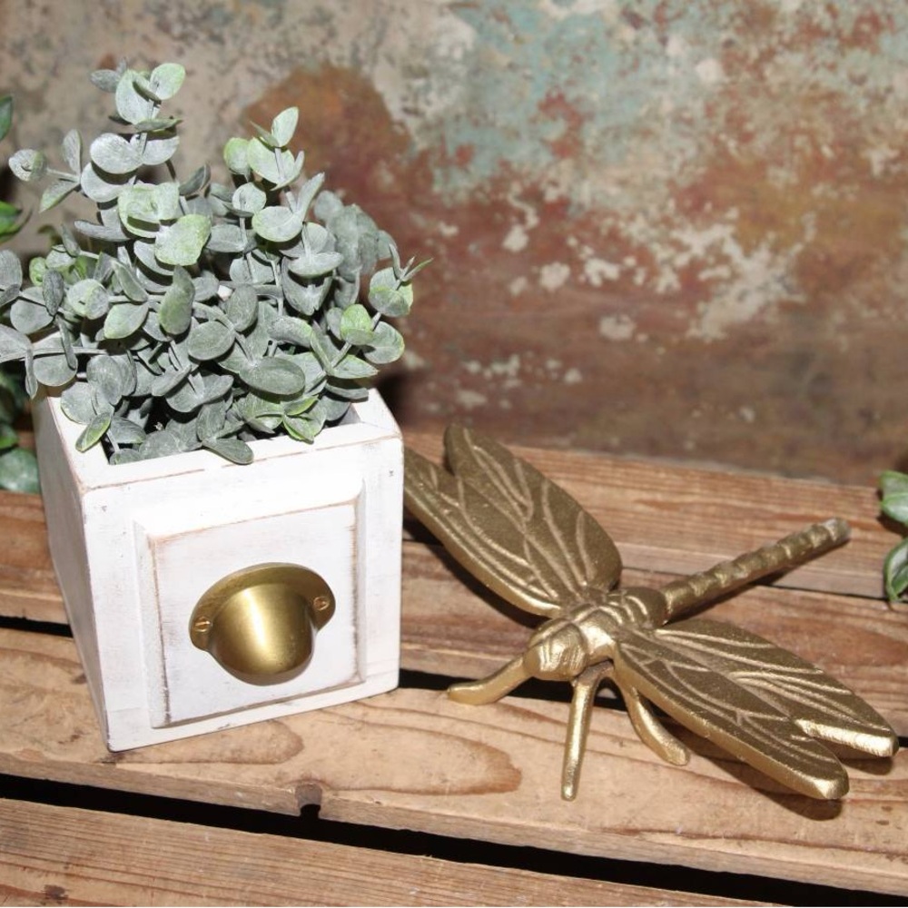 NEW Shabby Distressed White Planter Box w/Eucalyptus & Gold Dragonfly Decor